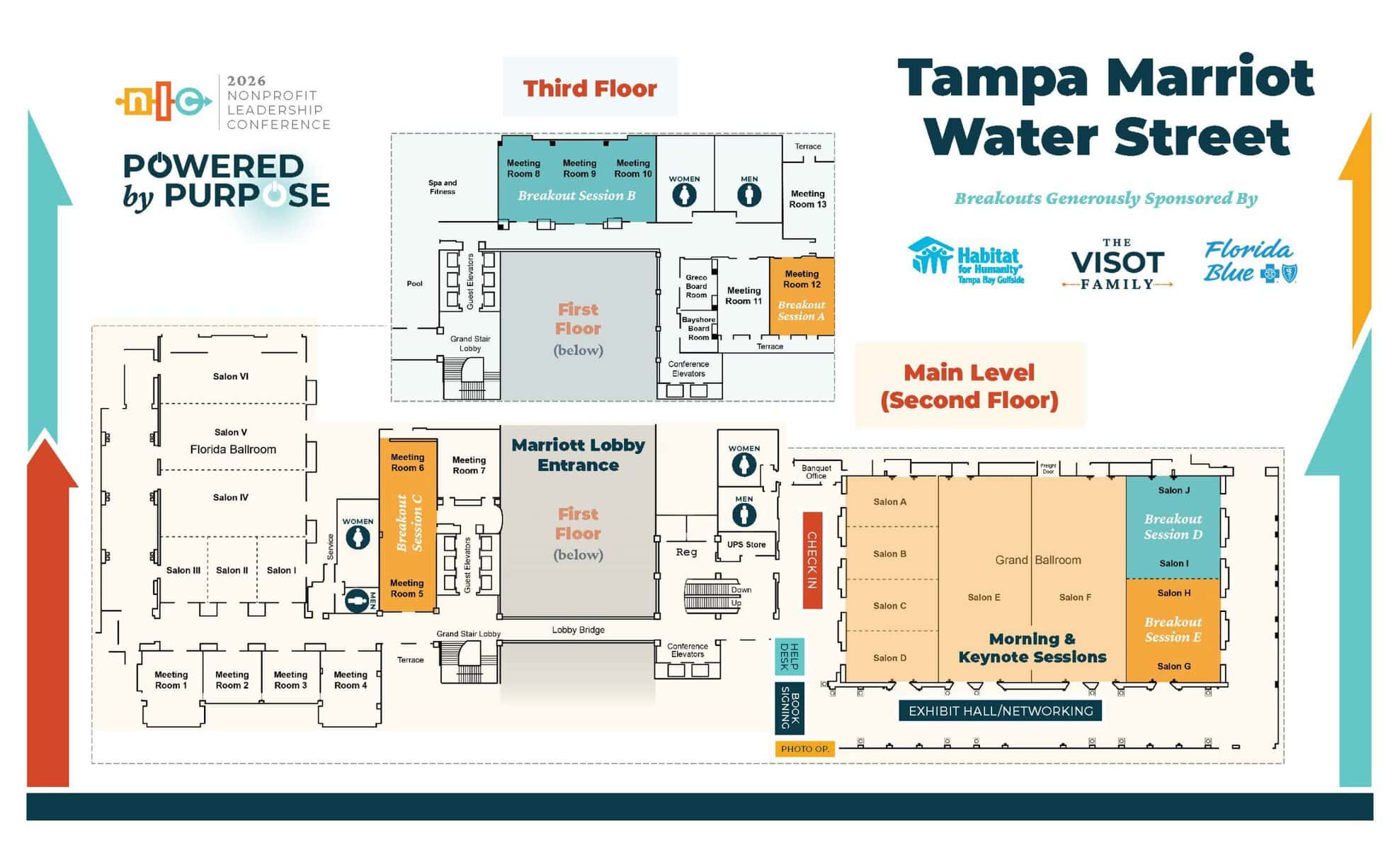 Floor plan for the 2026 Nonprofit Leadership Conference showing meeting rooms breakout sessions and lobby areas
