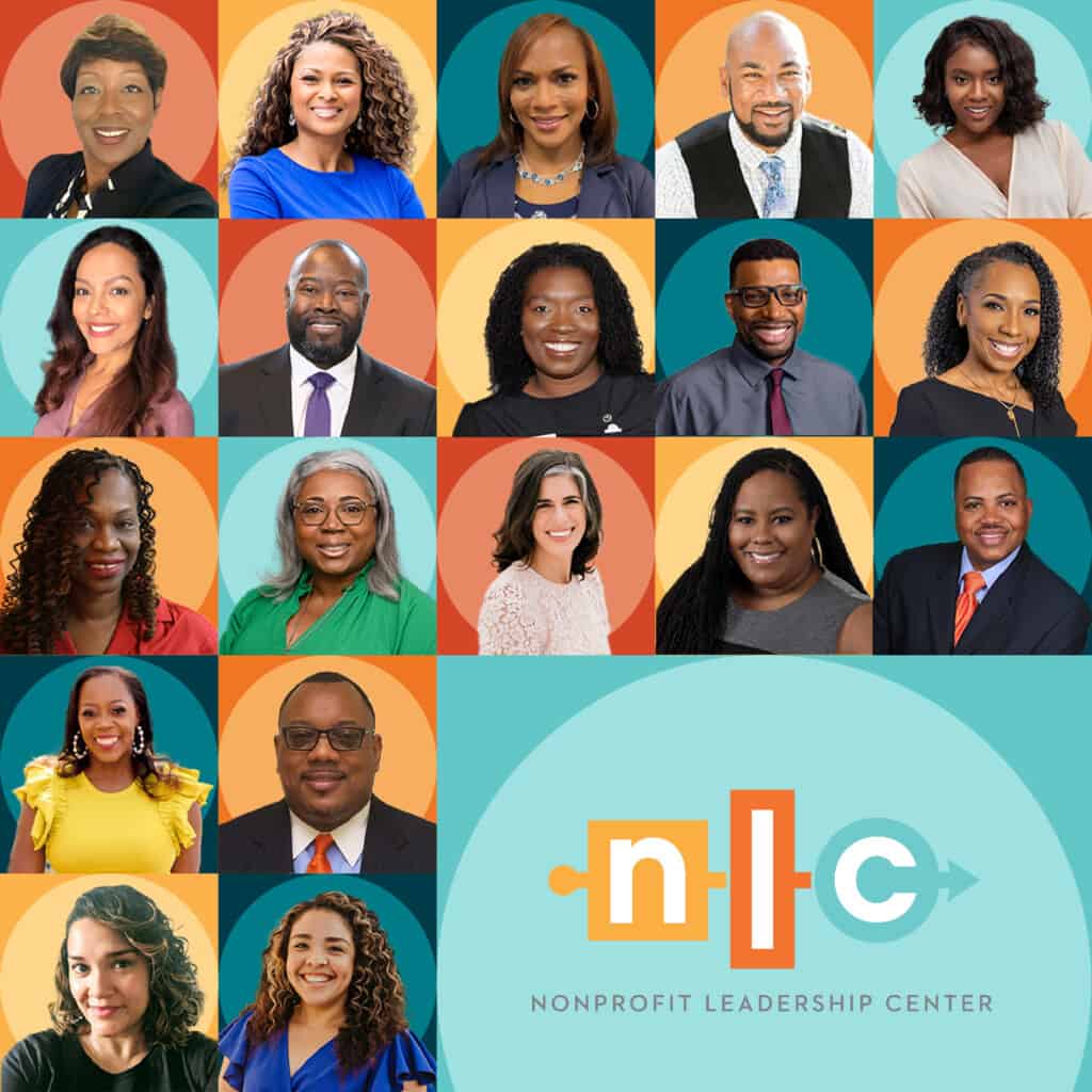 Meet the 2023 Advancing Racial Equity on Nonprofit Boards Fellows: Image features 19 faces (one chose not to be included) alongside the NLC logo