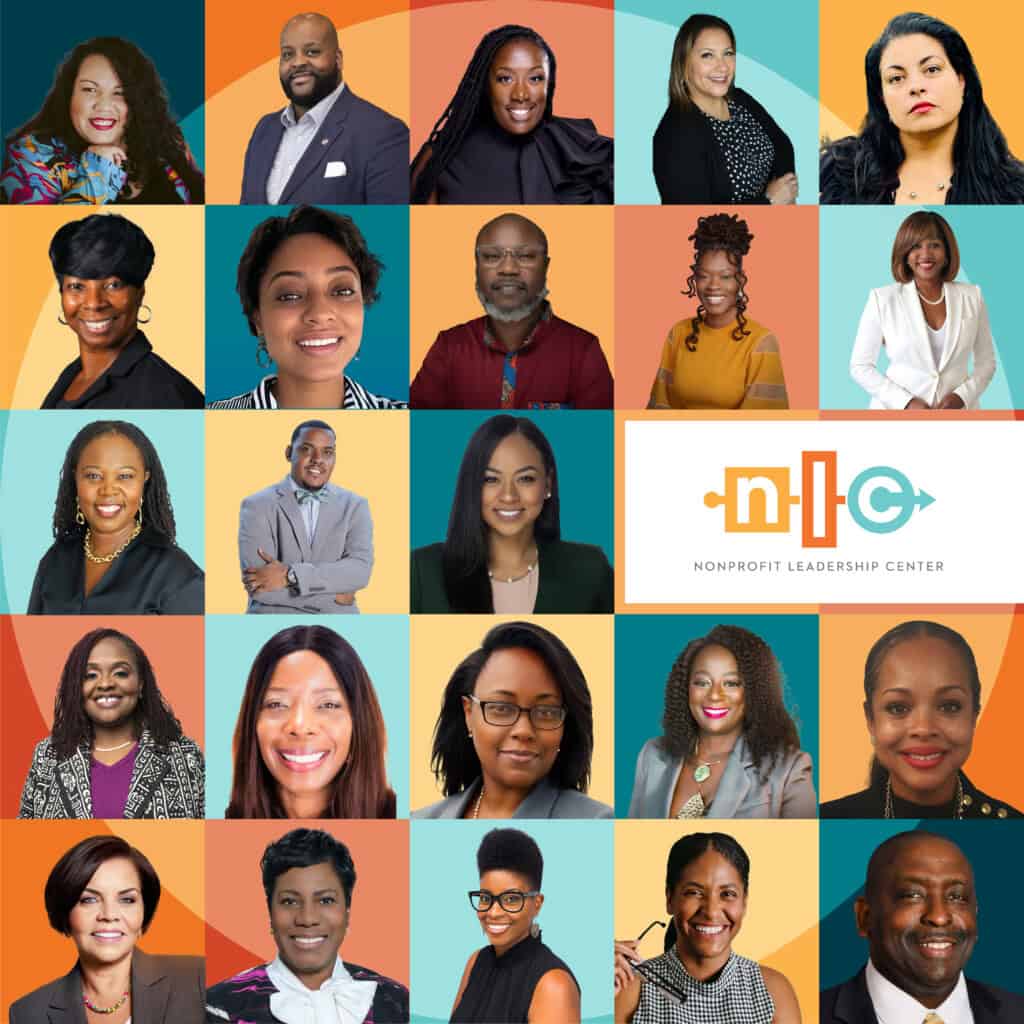 Square multi-colored graphic showing 23 diverse faces that represent the 2024 Advancing Racial Equity on Nonprofit Boards Fellows, all professionals of color