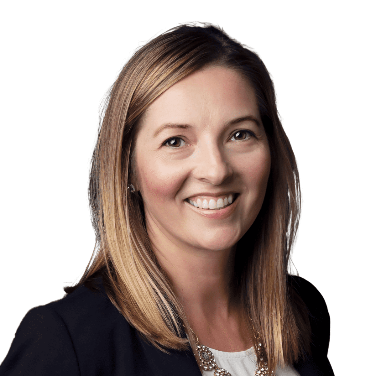 Headshot of BeverlyAnn Foster, a white woman with blond hair wearing a black suit and white top underneath