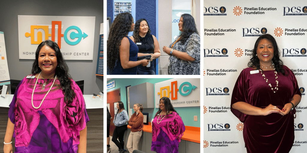 Images of nonprofit leader Nancy Hollingshead in action at the Nonprofit Leadership Center and in her community