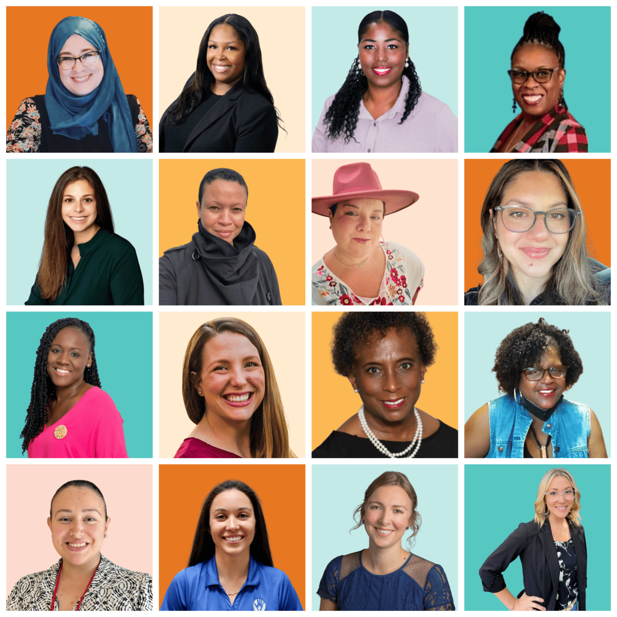 Collage of 16 diverse nonprofit leaders, all female, against vibrant orange, blue and yellow colored backgrounds