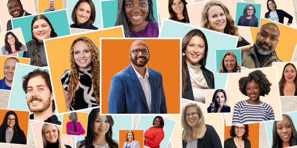 A diverse collage of nonprofit professionals against orange, yellow and blue backgrounds