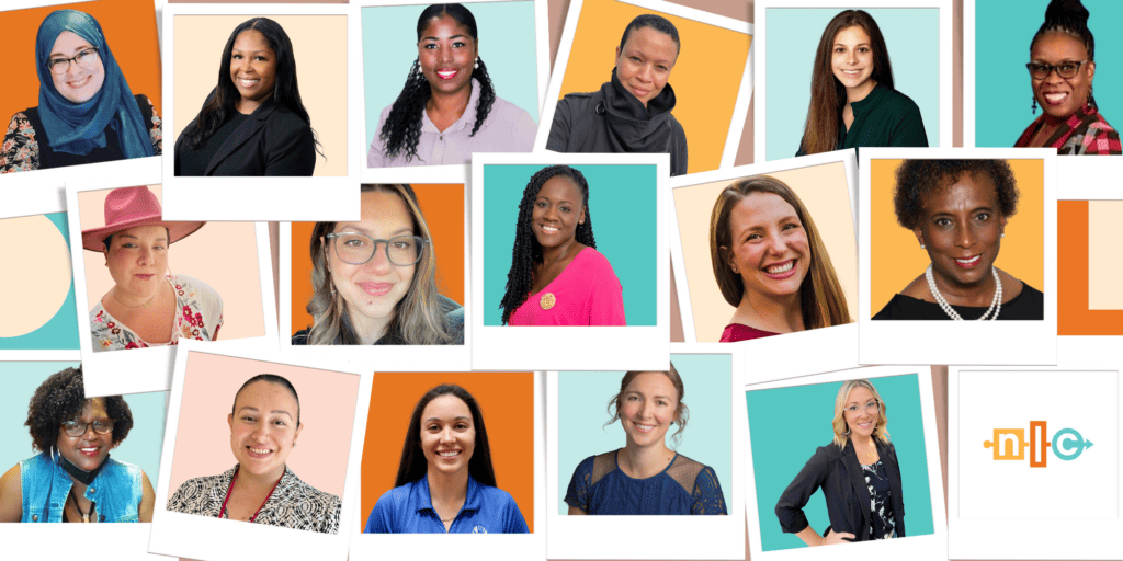 Collage of diverse group of 16 women on colorful orange, blue and yellow backgrounds that appear on a bulletin board as polaroid photos