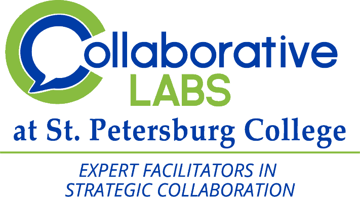 Collaborative Labs Logo in green and bue with a thought-bubble design