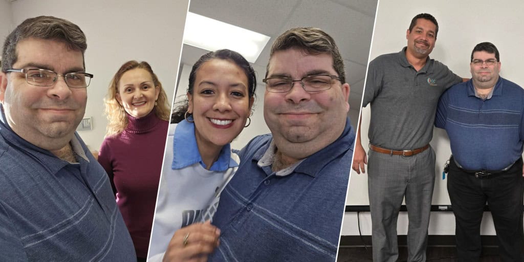 A collage of three photos featuring Emilio Diaz, a middle-aged man with brown hair pictured with various colleagues smiling