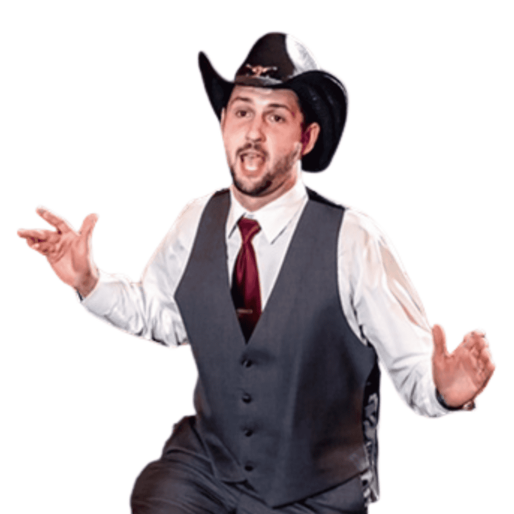 Image of John Falero, a white man wearing a black cowboy hat and grey vest with garnet tie and white button down