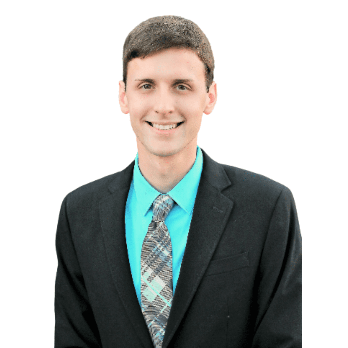 Photo of Josh Kwasnicki, a white man with brown hair, wearing a teal shirt, plaid tie and black jacket