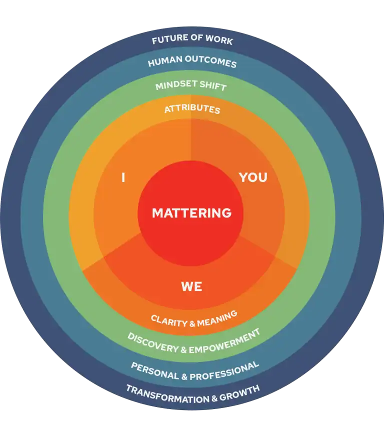 A circle depicting the Mattering Mindset framework with mattering in the center surrounded by the words I you and we