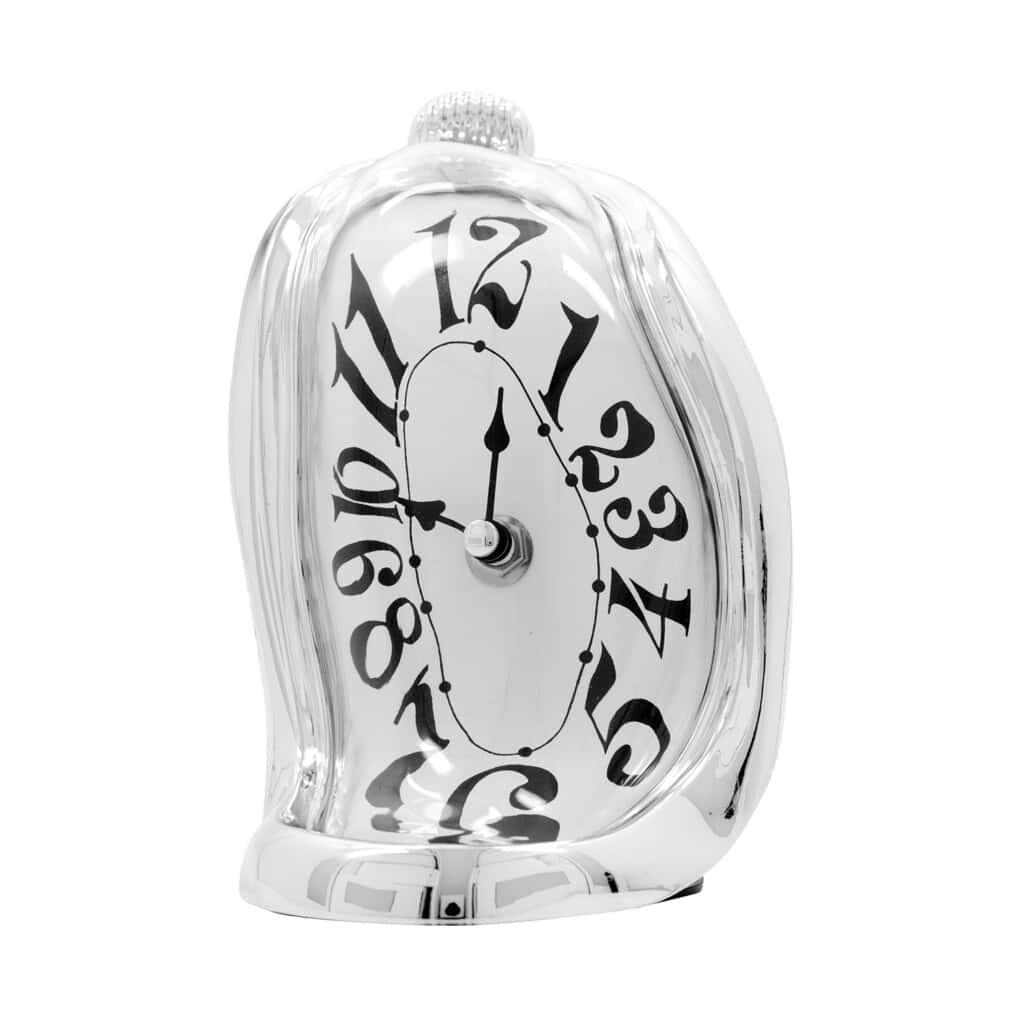 Image of a black and white desk clock that appears to be melting, inspired by a Salvador Dali painting
