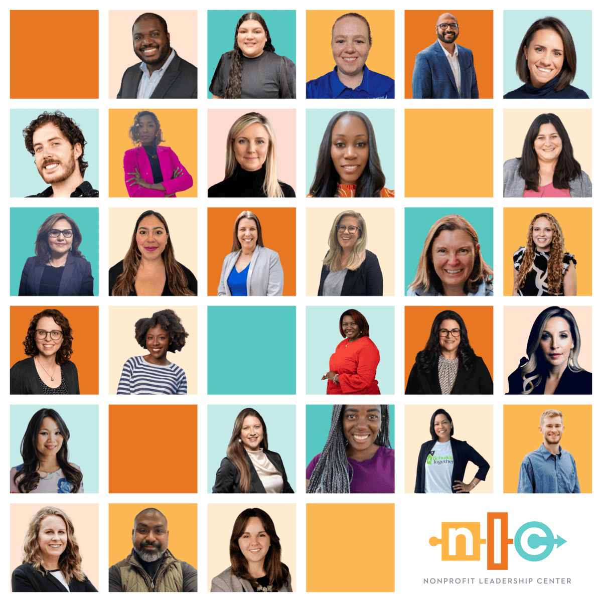 A diverse collage of 29 nonprofit leaders' head shots against orange, yellow and blue backgrounds