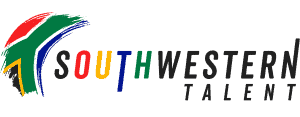 Southwestern Talent logo with a multicolor curved brush stroke and bold gray wordmark