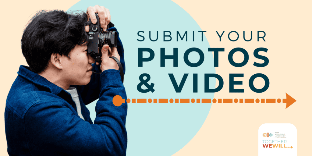 Asian man with dark hair pointing a camera to the right next to the words: Submit Your Photos & Video