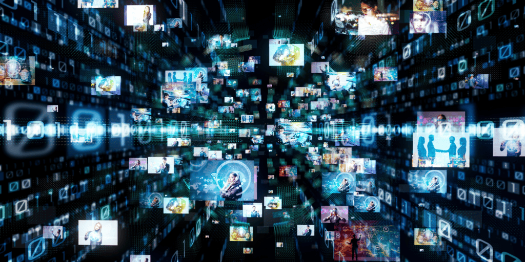 Abstract photo with lots of computer screens suggesting the topic is about technology against a dark black background