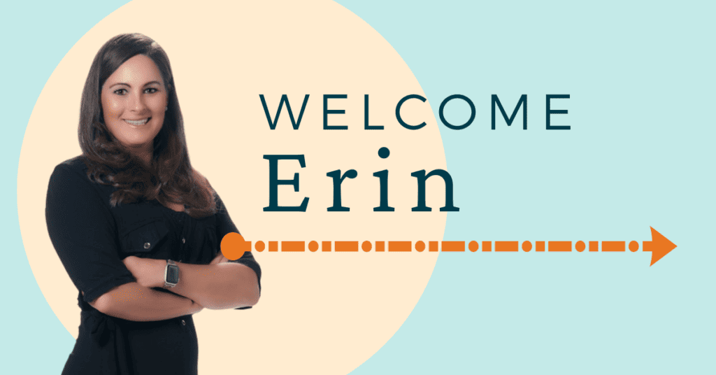 Photo of Erin McKenney, a white woman with long brown hair wearing a black top next to the words: Welcome Erin