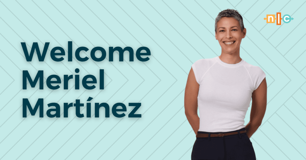 The words Welcome Meriel Martinez in navy blue against a light blue background next to a photo of Meriel, a young Hispanic woman with short, dark hair, wearing a white top and black pants