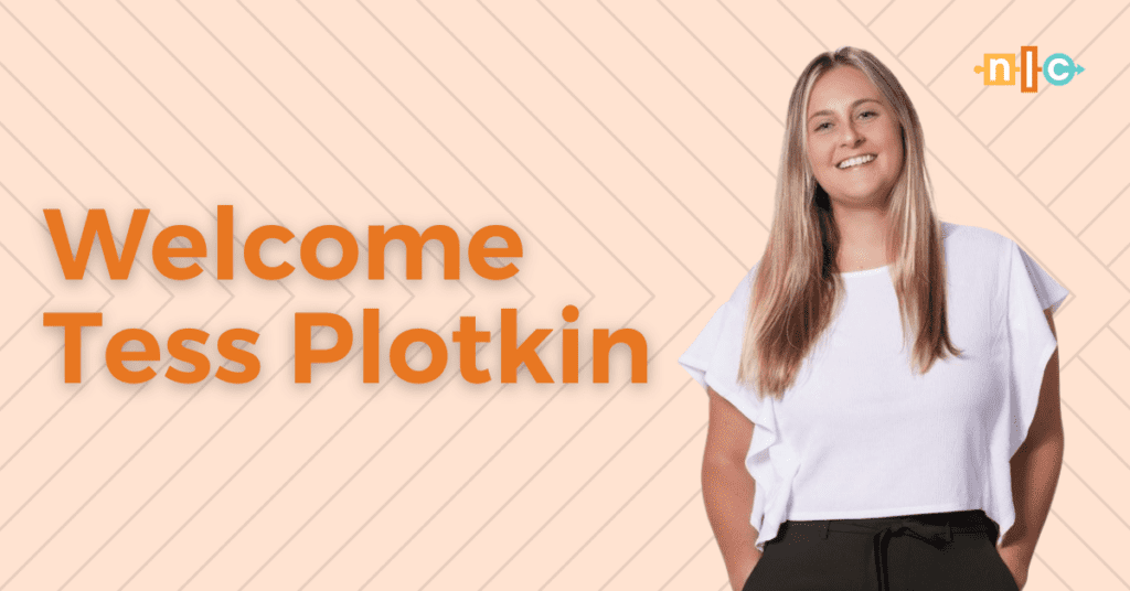 The words Welcome Tess Plotkin next to a photo of Tess, a white young woman with long blond hair wearing a white shirt and black pants with her hands in her pockets